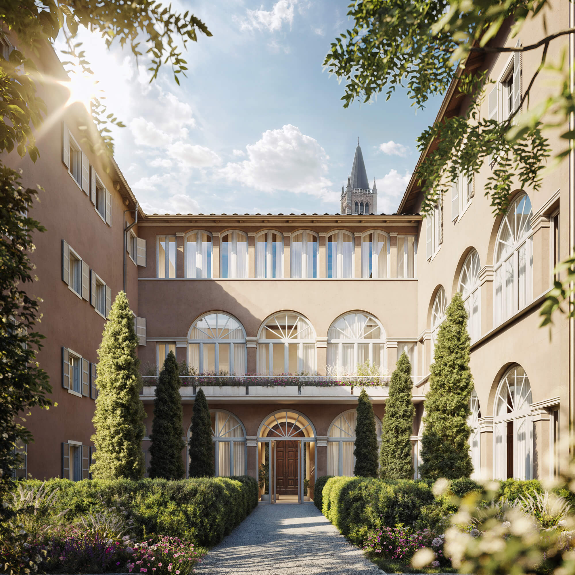 Palazzo Scutellari — la corte con la guglia del Duomo